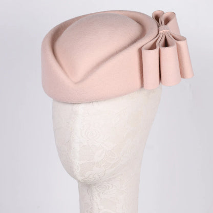 Winter Pink Wool Fascinator French Beret Bowler Hats With Bowknot Elegant Wedding