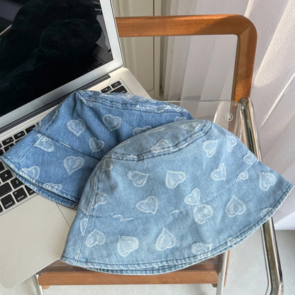 Love Heart Print Denim Bucket Hats for Women