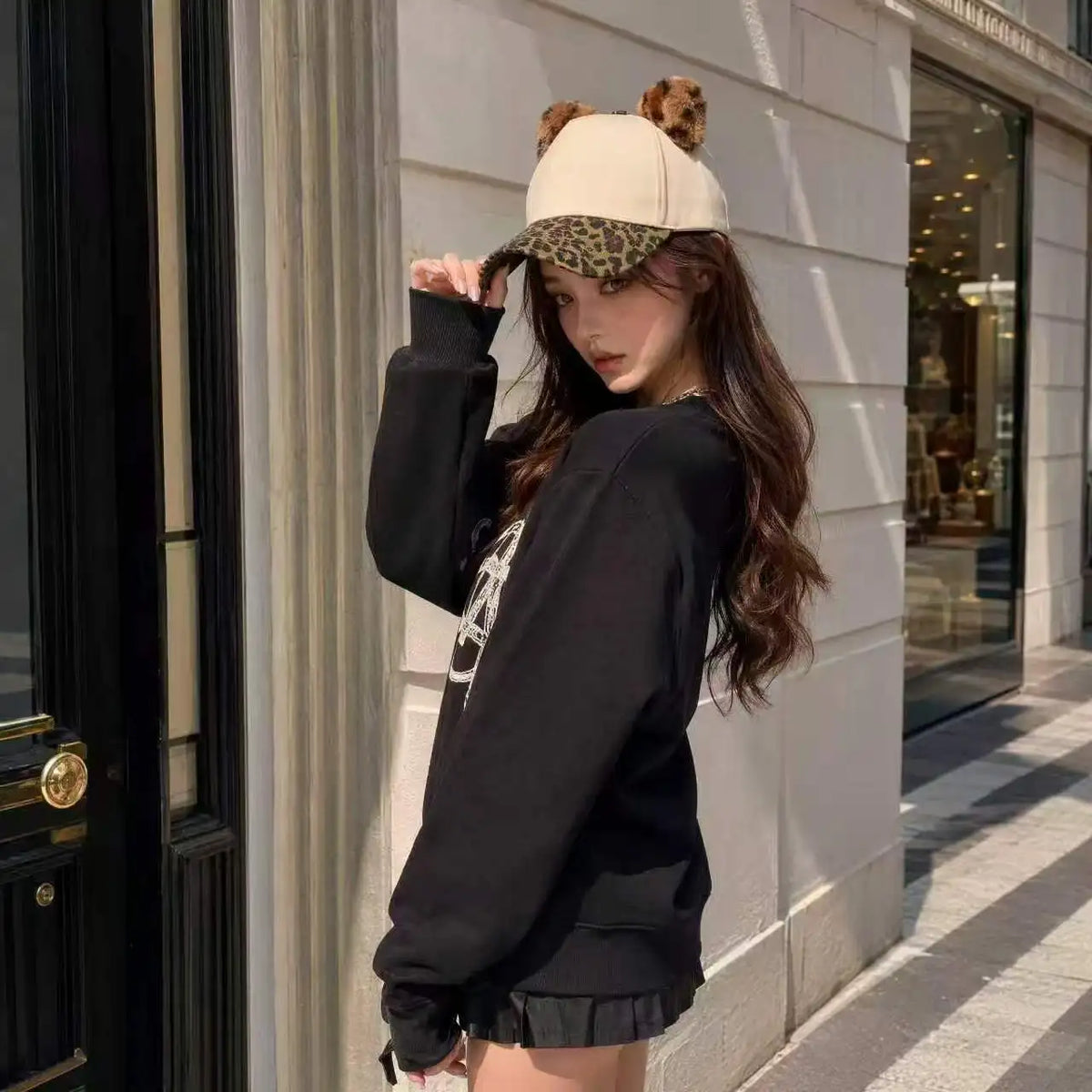 Leopard Print Brim Cat Ear Baseball Caps Women