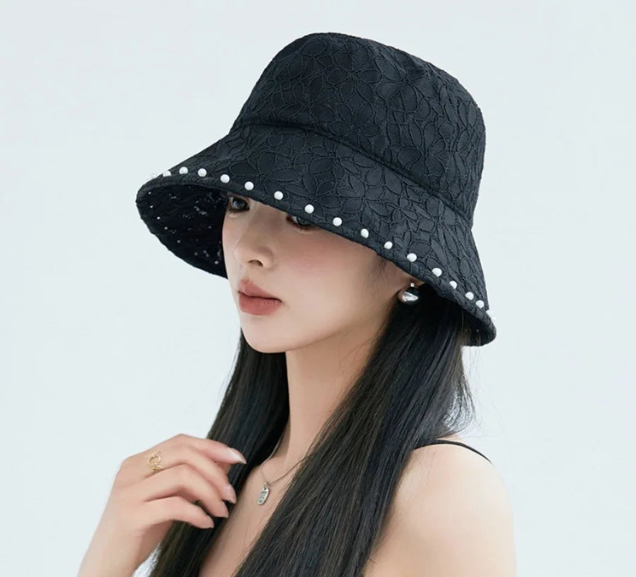 Lace Fisherman's Hat Temperament Pearl Bucket Hat Sunscreen Hat Female Show Face