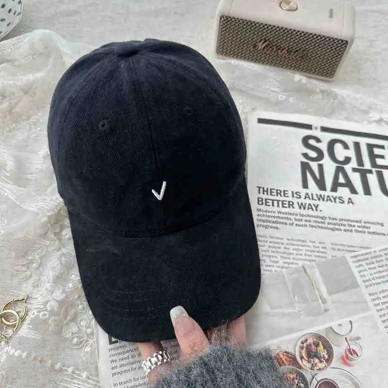 Vintage Washable Cotton Baseball Cap Unisex Face Slimming Wide Brim Embroidered