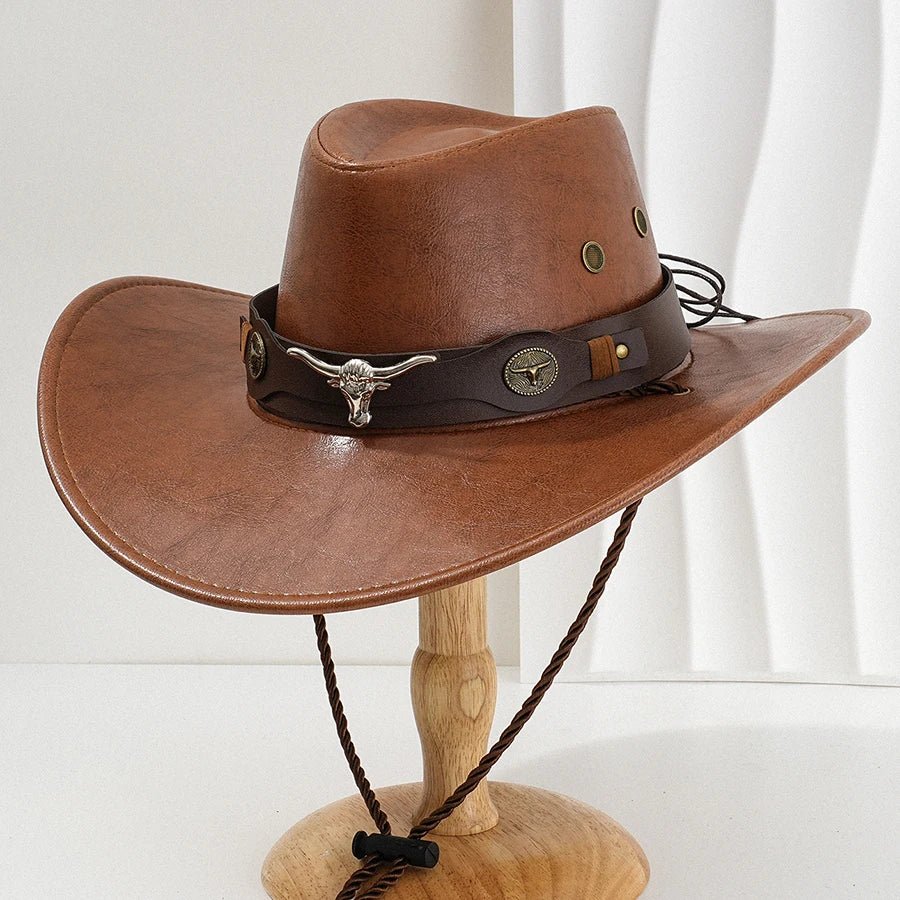 Unisex Vintage Faux Leather Western Cowboy Hat Outdoor Gentleman Cowgirl Jazz Cap