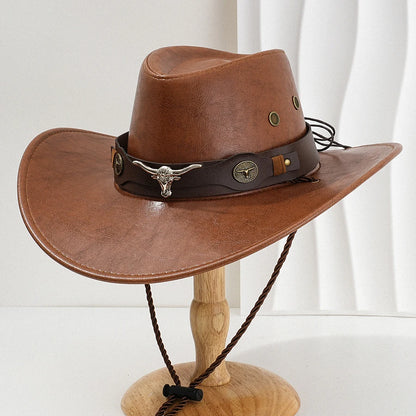 Unisex Vintage Faux Leather Western Cowboy Hat Outdoor Gentleman Cowgirl Jazz Cap