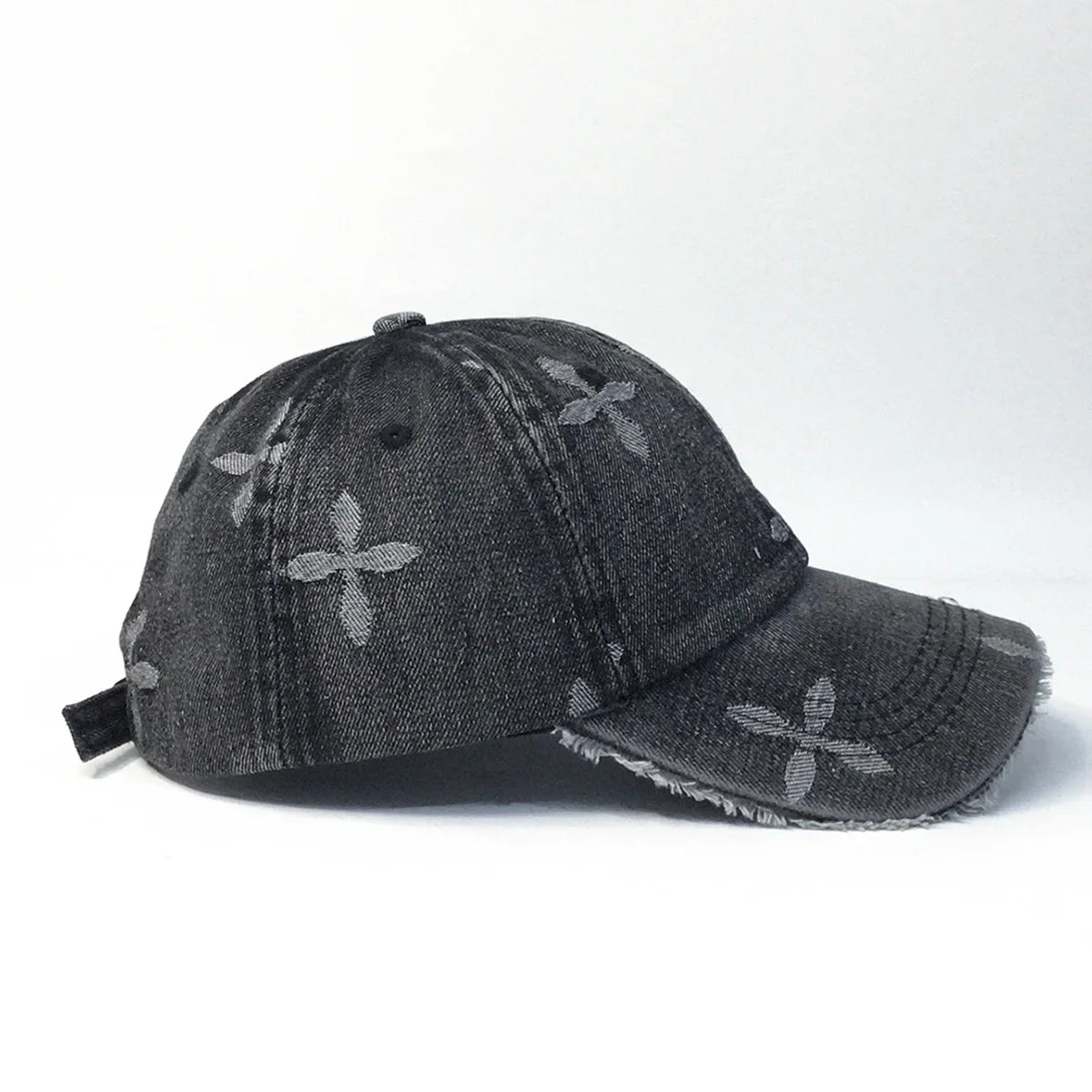 Cross Denim Baseball Cap With Jacquard Fringe, Vintage Distressed, Cropped Edge Cap