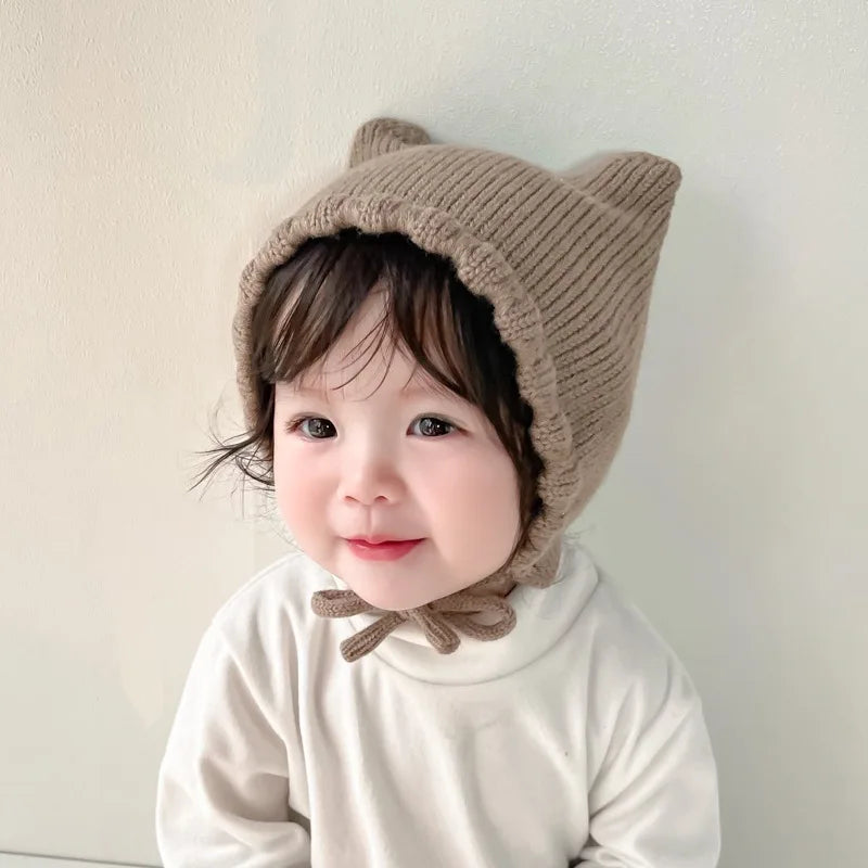 Autumn Winter Solid Color Knitted Warm Earmuffs Beanie Toddler Outdoor Windproof Cap