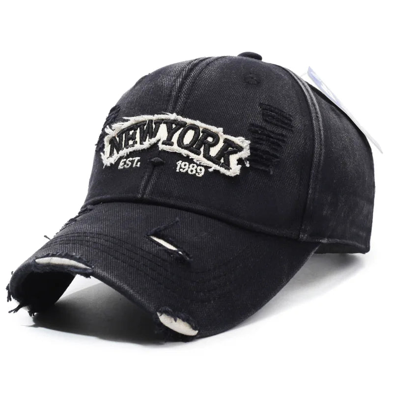 Letter New York Broken Hole Baseball Cap Washed Cotton