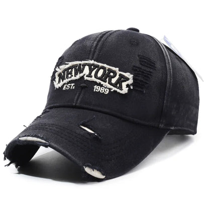 Letter New York Broken Hole Baseball Cap Washed Cotton