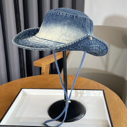 New Custom Logo Retro Denim Drawstring Bucket Hats