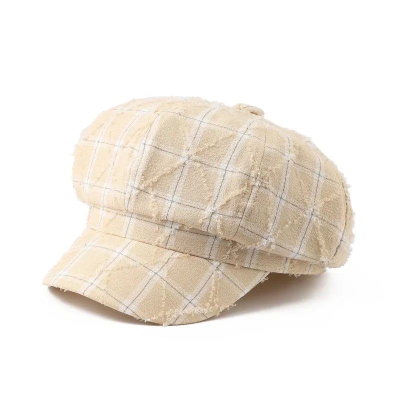 Korean Fashion Plaid Women's Berets Spring Autumn Octagonal Painter Cap