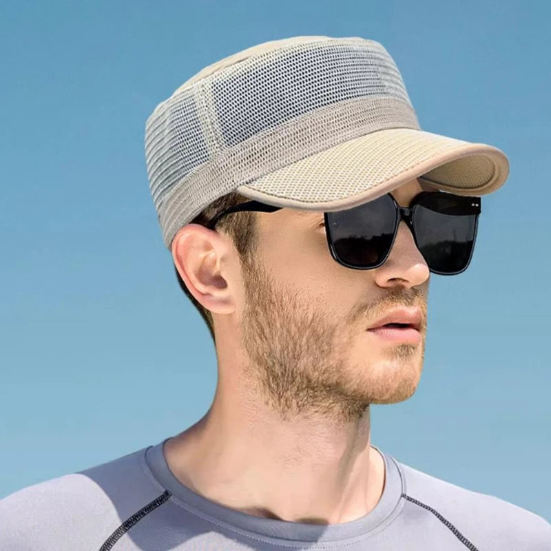 Dad Summer 100% Mesh Sun Caps Male Army Flat Cap Women Cool Cadet Hat Big Bone Men
