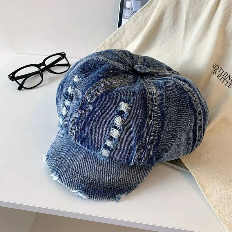 Retro Octagonal Cap Beret Women Washed Denim Newsboy Hat