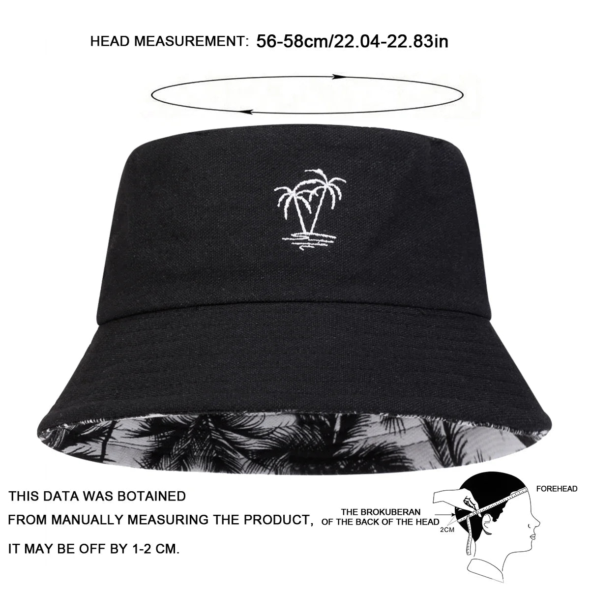 Unisex Coconut Tree Embroidery Double Sided Wearing Bucket Hats Fishermen Caps Outdoor Casual Cap Sunscreen Hat