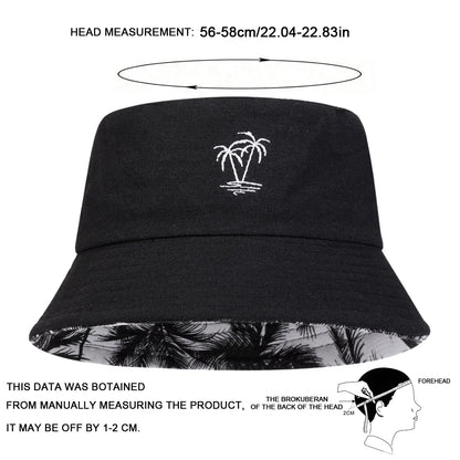 Unisex Coconut Tree Embroidery Double Sided Wearing Bucket Hats Fishermen Caps Outdoor Casual Cap Sunscreen Hat