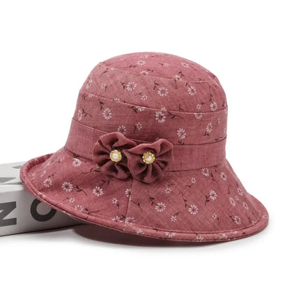Ladies Bowler Hat Bow Printed Sun Hat Light and Breathable Sun Hat