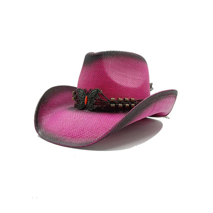 Western Thick Cowboy Hat Retro Pink Gradient Straw Hat
