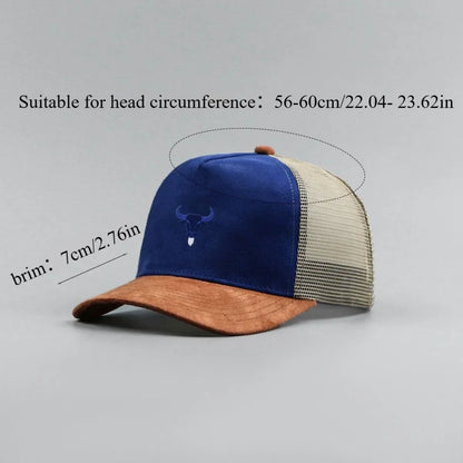 Blue Bull Head Print Unisex Mesh Suede Trucker Hat Spring Summer