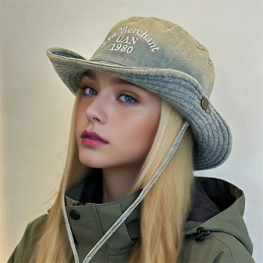 Retro Letter Embroidered Washed Fisherman's Hat
