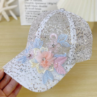 Fresh And Sweet Summer Lightweight Lace Sequin Flower Baseball Cap