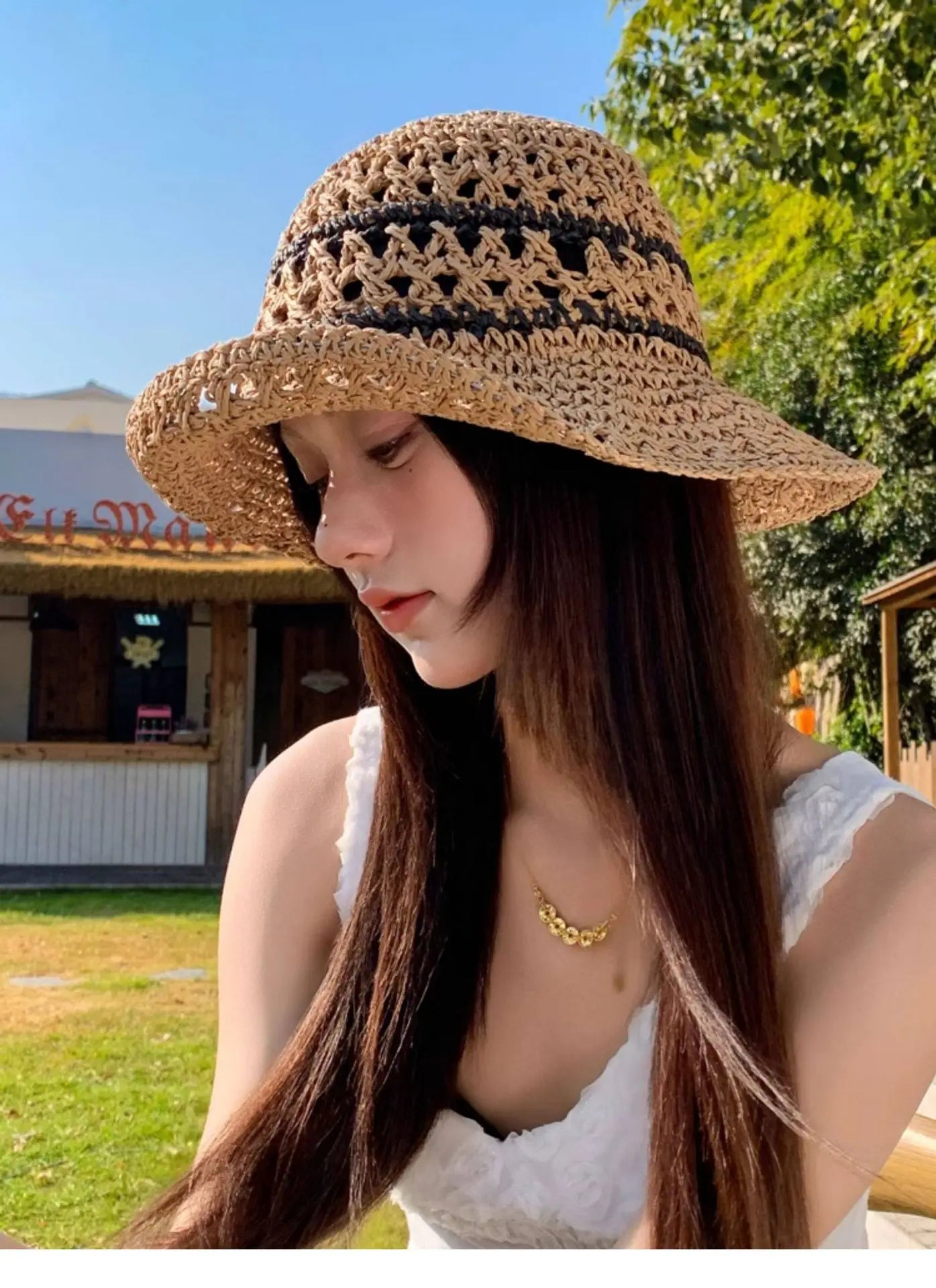 Striped Openwork Knitted Straw Hat Breathable Fisherman's Hat