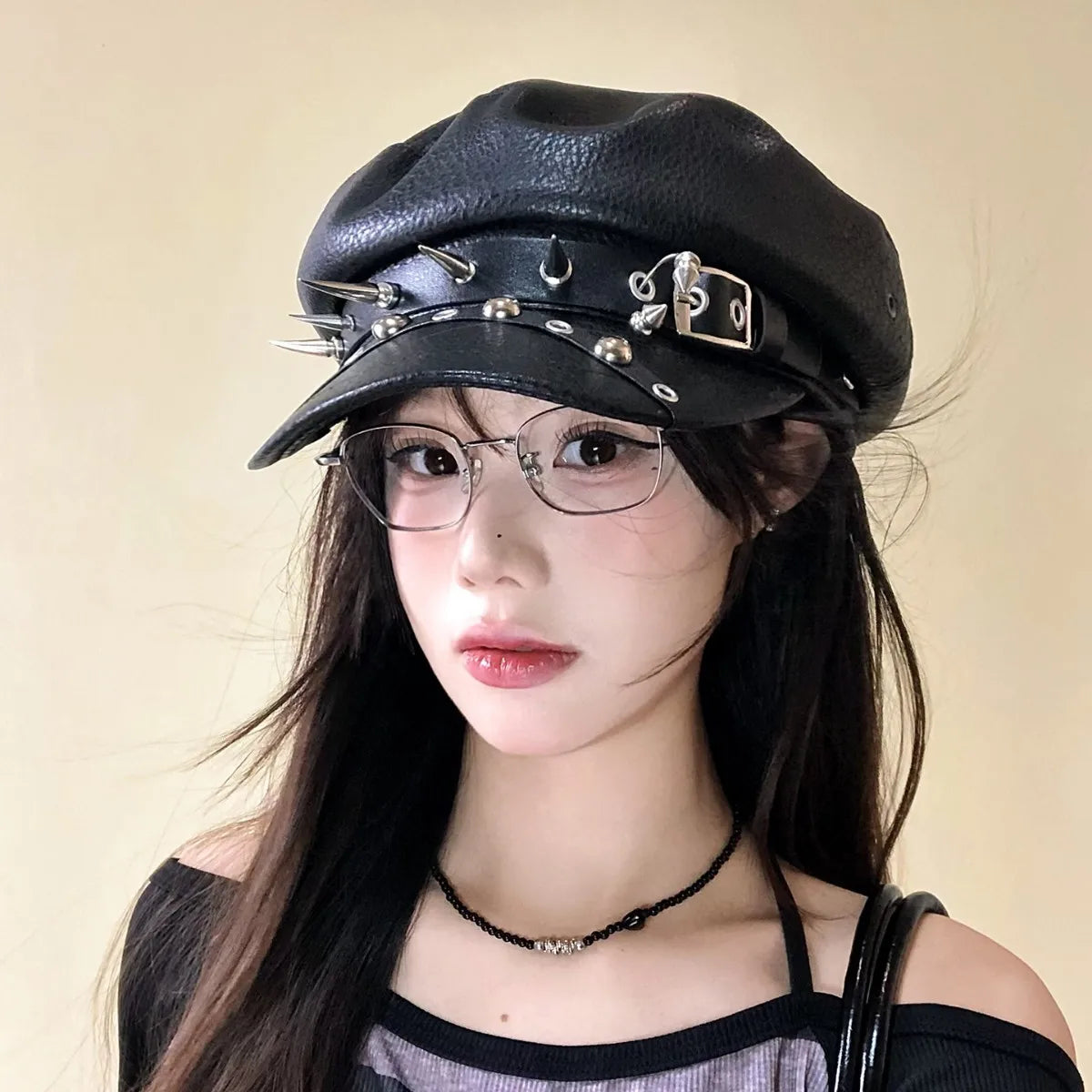 Gothic Punk Faux Leather Military Cap Spiked Studded Cadet Hat