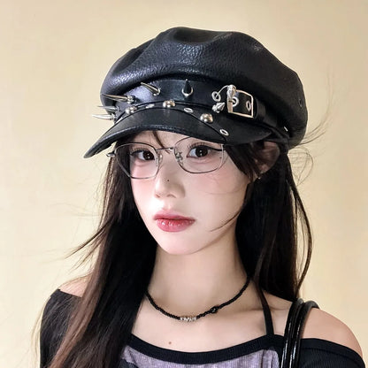 Gothic Punk Faux Leather Military Cap Spiked Studded Cadet Hat