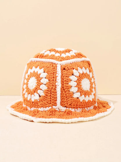 1PC Handmade Crochet Vintage Bucket Hat - Geometric Patch Super Soft and Warm
