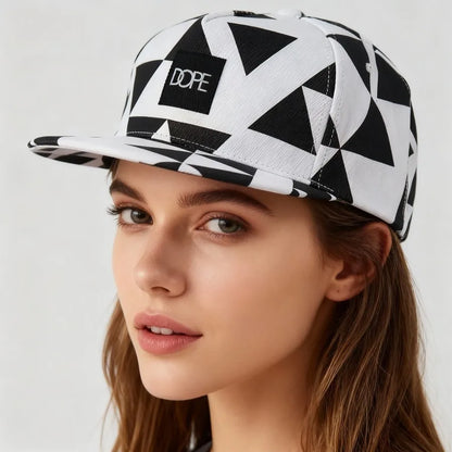 Black White Geometric Triangle Print Snapback Hat Flat Brim Hip Hop Adjustable Streetwear Sun Hat
