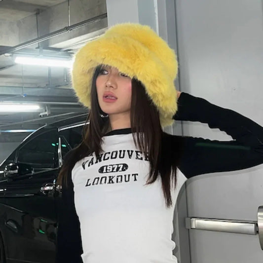 Bright Yellow Imitation Mink Fur Bucket Hat Women's Panama Style Korean New