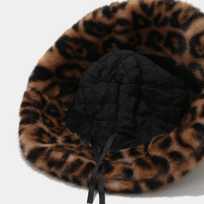 Women Leopard Print Fur Hat Thickened Winter Warm Fisherman Hat