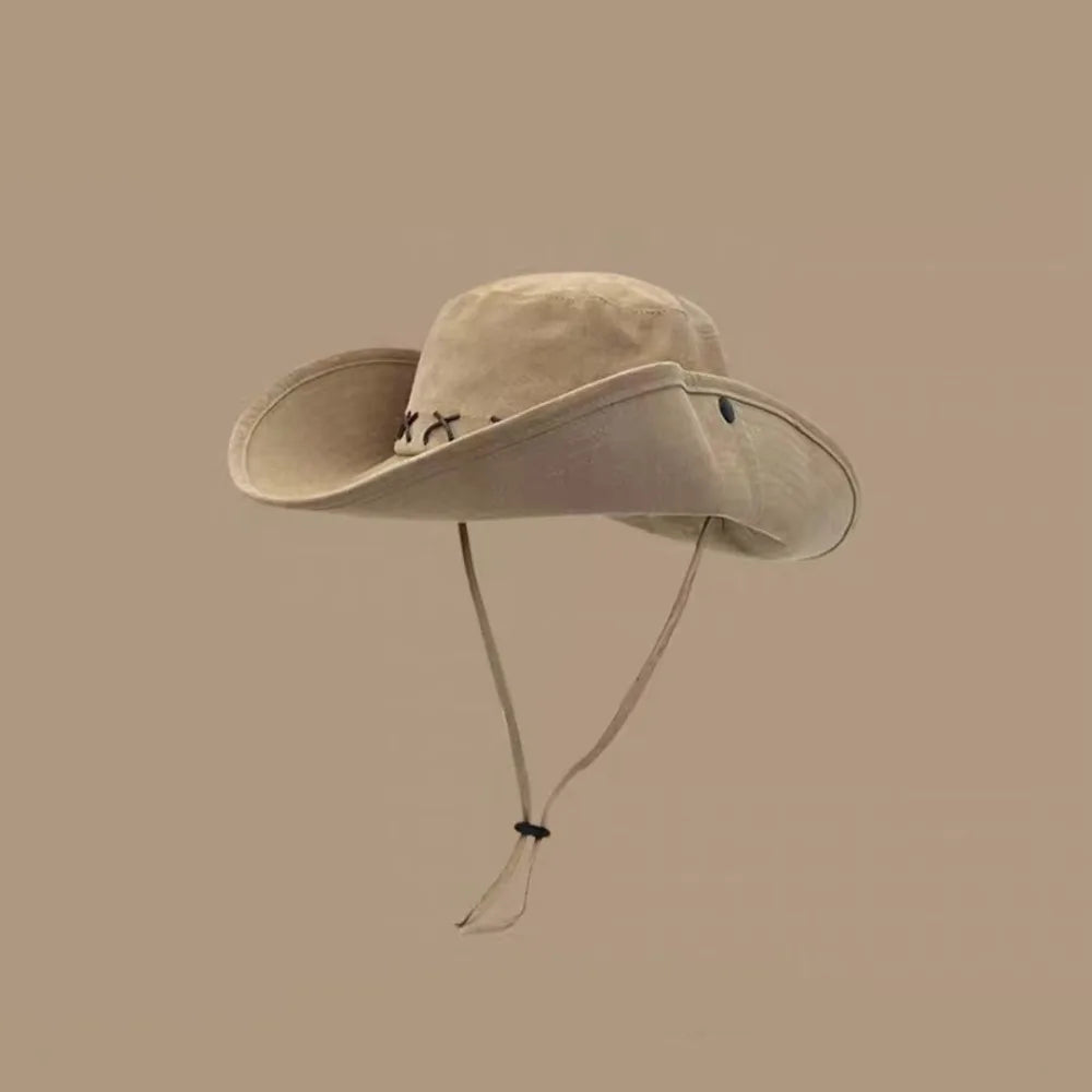Breathable Western Cowboy Hat Solid Color Adjustable Wide Brim Sun Hat