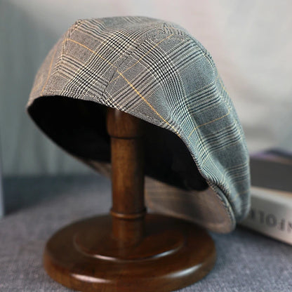 Gray Plaid Newsboy Hat Linen Cotton Women Men Ivy Cap