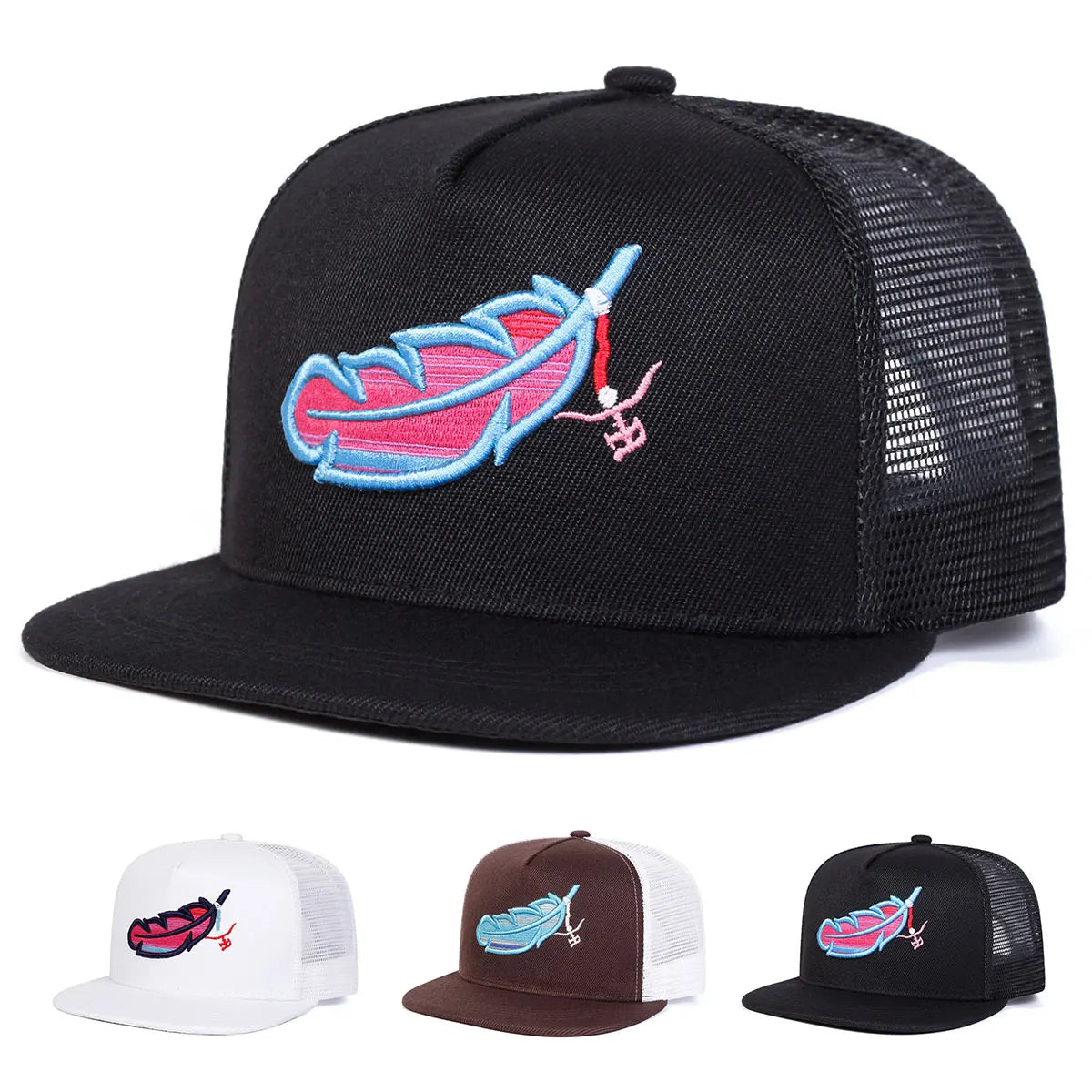 Unisex Colorful Feather Embroidery Hip-hop Net Hats Spring Summer