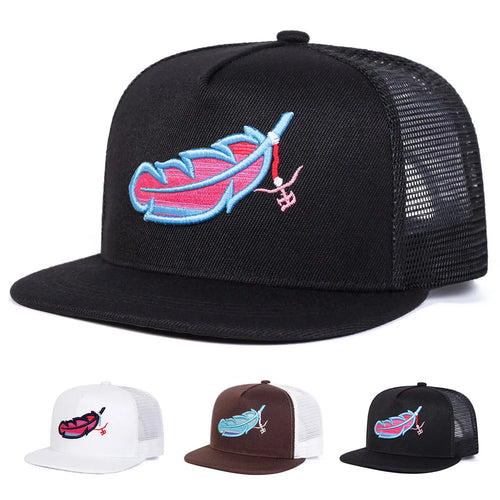 Unisex Colorful Feather Embroidery Hip-hop Net Hats Spring Summer