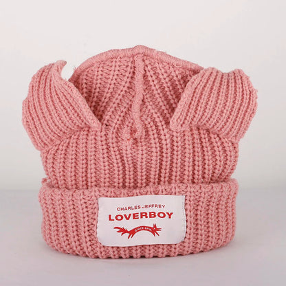 Lover Boy Cat Ear Knit Hat Solid Warm Pig Ear Woolen Hat