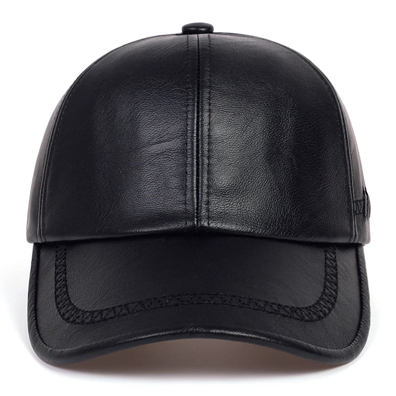 Fashion Solid Winter Leather Baseball Cap Men Autumn Warm Black Caps