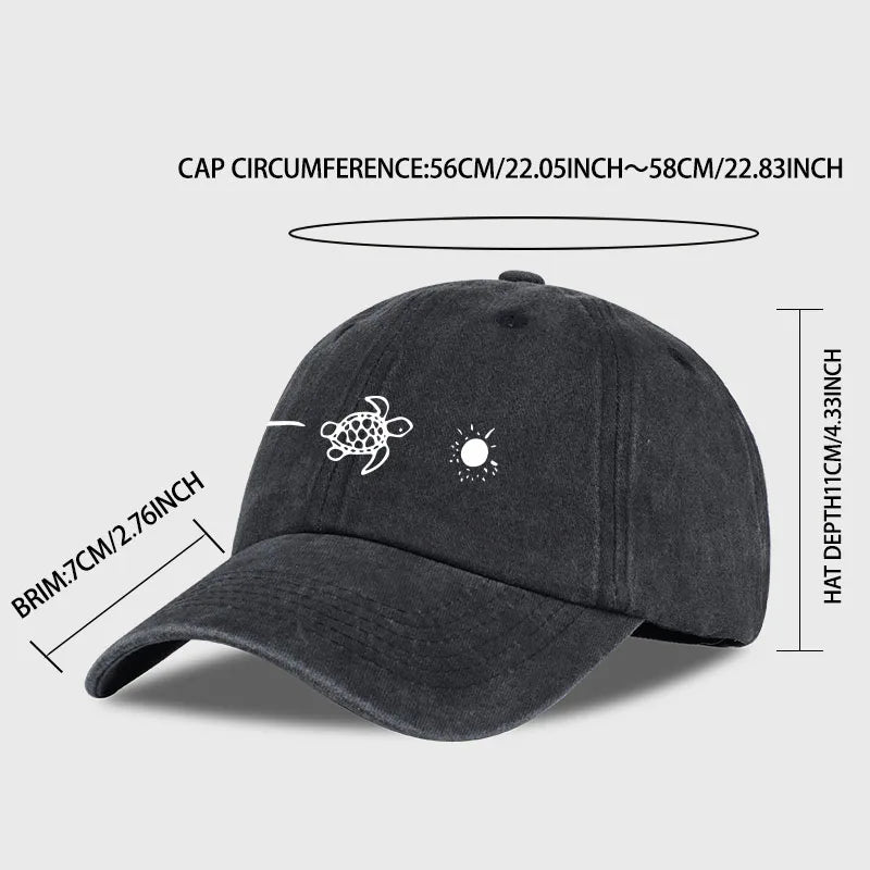 Retro Washed Baseball Cap With Wave Turtle and Sun Print Unisex Adjustable Dad Cap Summer Beach Sun Hat