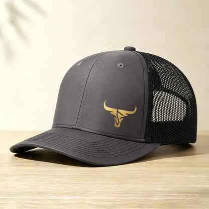 1 Gold Ox Head Print Truck Cap Breathable Mesh Back Baseball Cap Outdoor Snap Caps