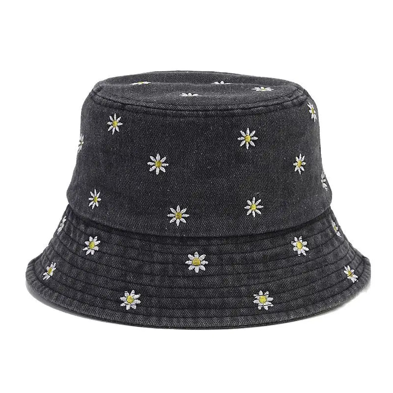 Four Seasons Denim Flower Embroidery Bucket Hat Fisherman Hat Outdoor Travel Sun Cap for Men and Women