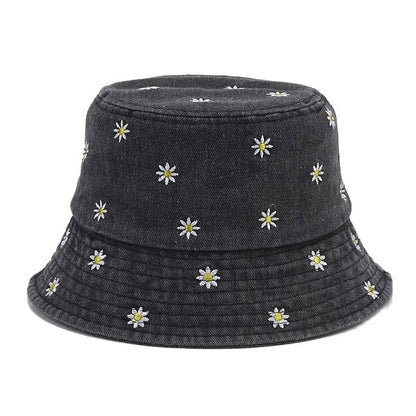 Four Seasons Denim Flower Embroidery Bucket Hat Fisherman Hat Outdoor Travel Sun Cap for Men and Women