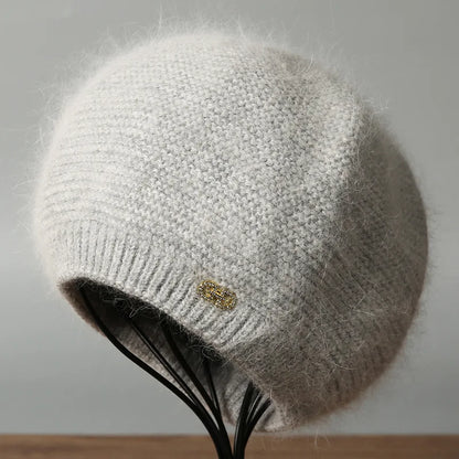 Beret Women Winter Angora Knit Hat Double Layers Casual