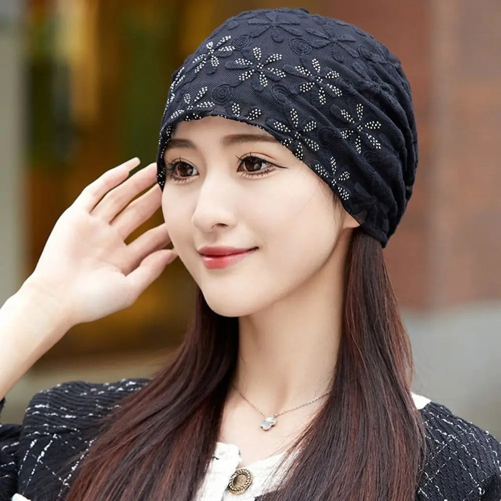 Autumn Lace Flower Beanies Cap Breathable Elegant Thin Crochet Slouchy Hat