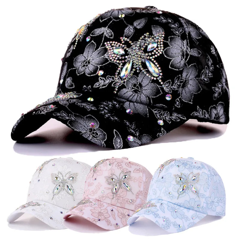 Rhinestone Lace Breathable Sunshade Curved Brim Fashion Cap