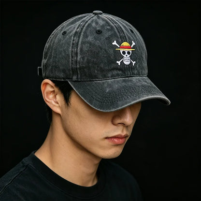 Anime Washed Denim Hats Cosplay Adult Unisex Cap Cartoon Embroidery Luffy Peripheral Fashion  Beanie Hat