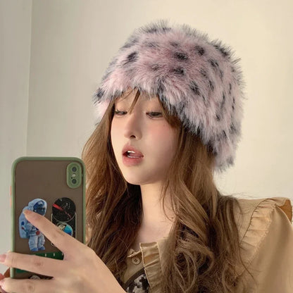 Retro Hot Girl Leopard Plush Bucket Hats Women