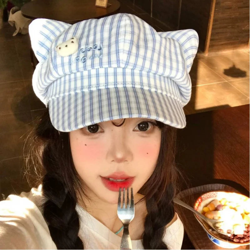 Cute Bear Plaid Ear Octagonal Hat Women Spring Summer