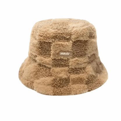 Plaid Checkered Women Bucket Hat Faux Fur Adjustable Checkered Basin Hat