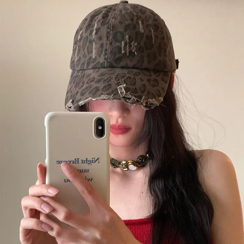 Women Leopard Baseball Cap Vintage Hip Hop Holes Snapback Duckbill Hats