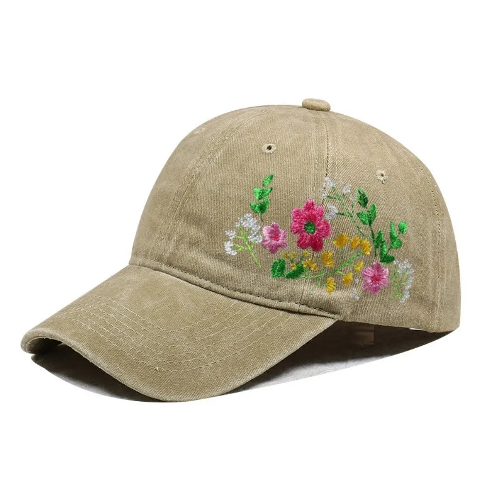 Vintage Flower Embroidery Baseball Cap Washed Cotton Adjustable