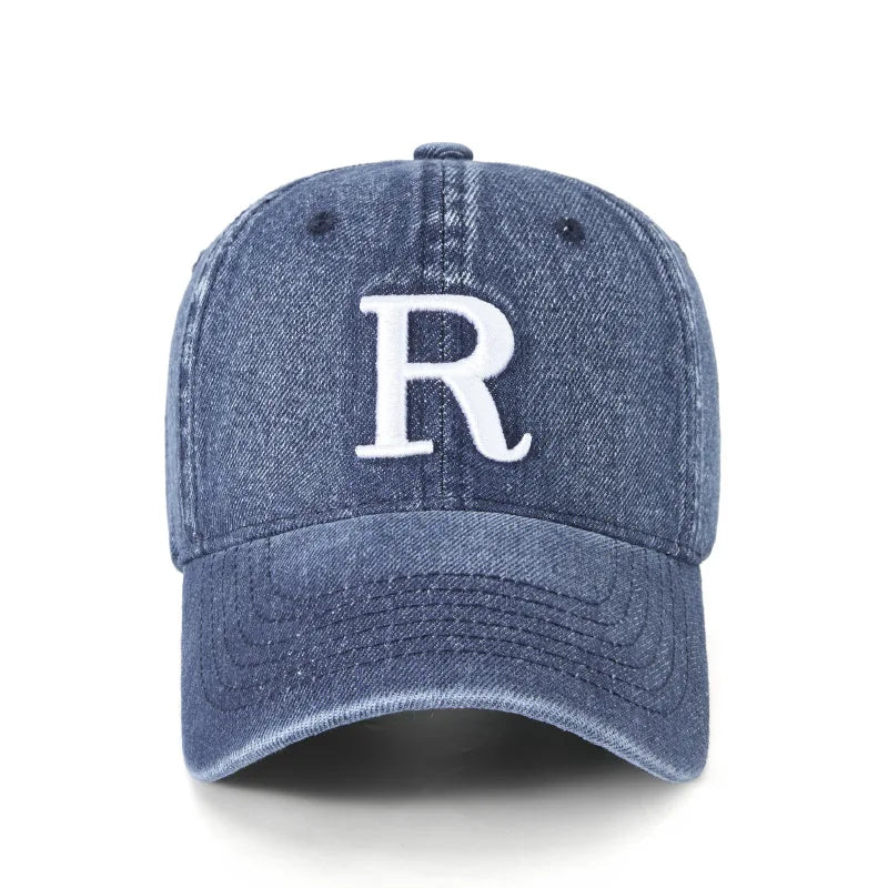 Fashion R Letter Denim Baseball Cap, Washed Cotton Peaked Hat