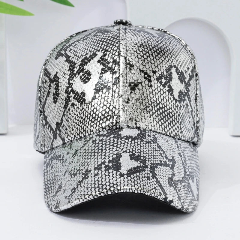 Snake Print PU Leather Baseball Cap, Adjustable Hip-Hop